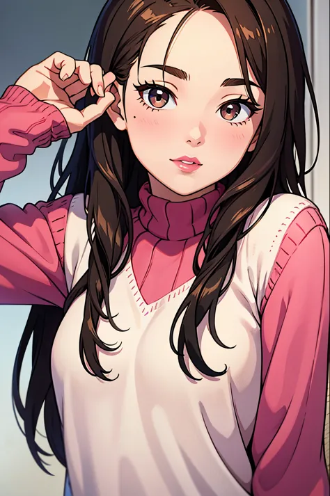 Girl, long straight brown hair, gray eyes, soft sharp features, white skin, pink lips, red sweater.