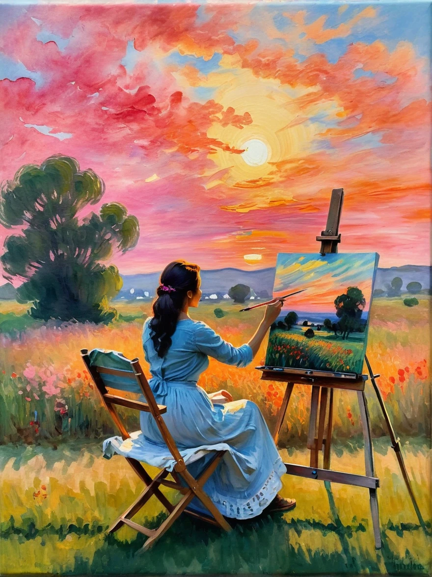 (Claude Monet Stil:1.3), Das Bild zeigt eine ruhige Landschaft nach den Prinzipien der impressionistischen Ära，Eine hispanische Frau sitzt auf einem Stuhl auf einem sanft beleuchteten Rasen，Eine Staffelei halten，Konzentrieren Sie sich darauf, die Schönheit des Sonnenuntergangs einzufangen，Der Himmel ist mit leuchtenden Farben bemalt，orange Farbe，Wirbel aus Rosa und Rot stellen die für die Natur typischen flüchtigen Momente dar，Dies ist ein Markenzeichen der impressionistischen Bewegung.，Frau trägt bequeme Kleidung，Hände sind damit beschäftigt, mit hellen Aquarellstiften eine Landschaft auf eine Leinwand zu malen，Stellt aus den Elementen dar