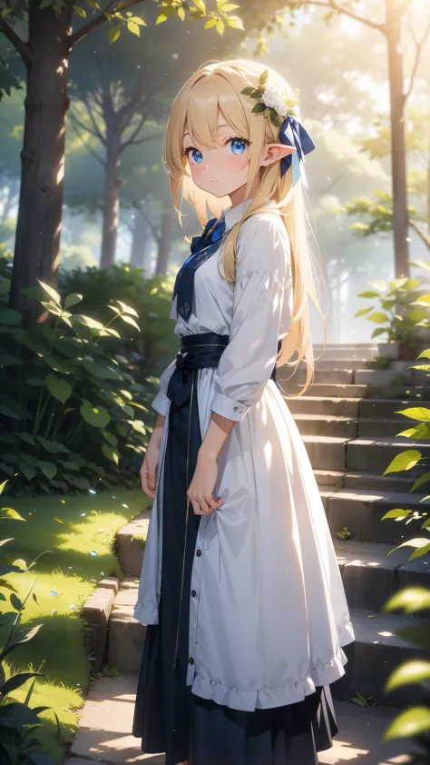 depth of field, sparkle, cinematic lighting, f/2.8, 35mm, UHD, retina, high details, high quality, highres, best quality, 4K,In a fantastic forest、Elf girl standing alone、Blonde、Blue Eyes、A fantastic outfit based on white、A fantastic atmosphere、One Girl、((...