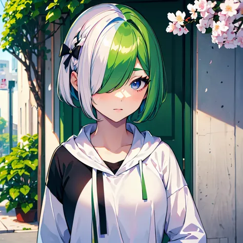 hair over one eye, white and green hair color、short bob、casual girl、hair on one eye、one girl、white hoodie、blue eyes、cherry bloss...