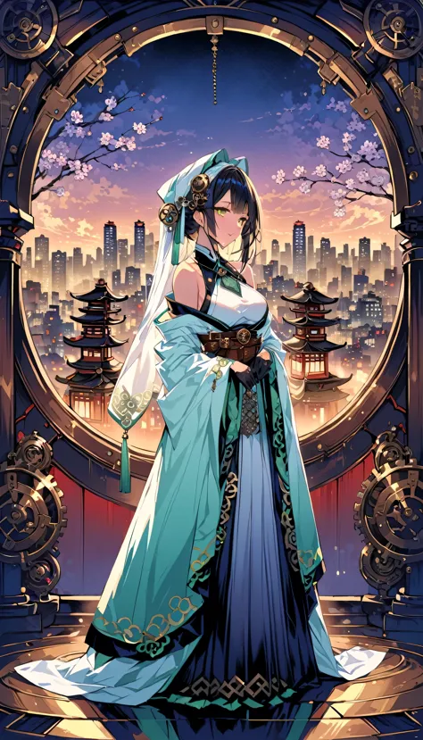 (highest quality), girl,oriental detailed background, oriental cityscape, steampunk, shrine maiden