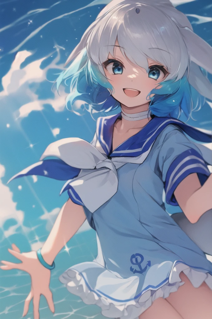 masterpiece, best quality, 1girl, solo, fins, head fins, short hair, multicolored hair, grey hair, white hair, blue hair, blue eyes, cetacean tail, choker, white choker, bracelet, sailor collar, neckerchief, white neckerchief, dress, frilled dress, sailor dress, short sleeves, frills, anchor symbol, underwater, :d,