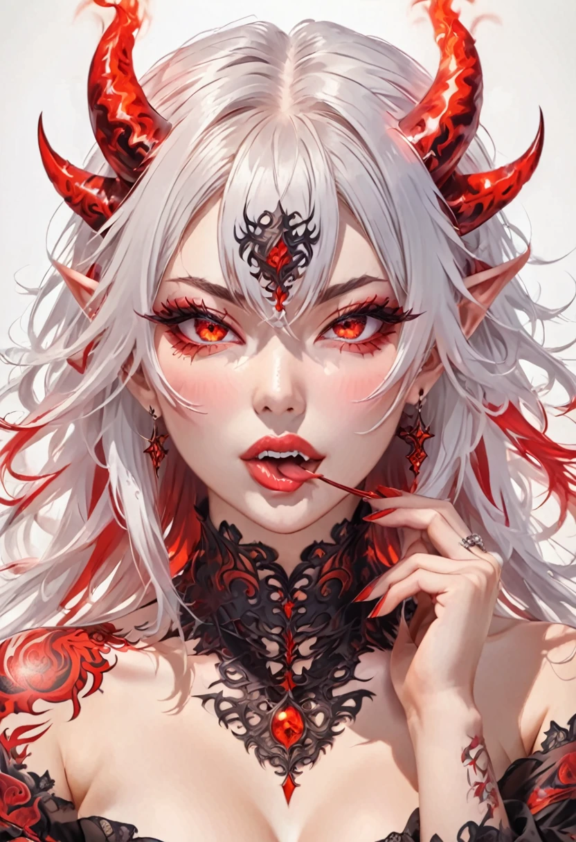 High quality, HD, long white hair, sharp red eyes color, tongue, pierced, tattoo, female devil, devil girl, one person, single person, 2:3, 