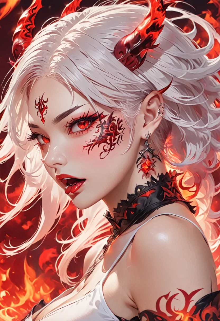 High quality, HD, long white hair, sharp red eyes color, tongue, pierced, tattoo, female devil, devil girl, one person, single person, 2:3, 