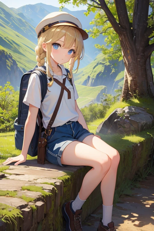 masterpiece, highest quality, High resolution, 13-year-old girl、blue eyes、
blonde、Braiding、Climbing Style、Clothes with lots of pockets、Shorts、rucksack、Thick-soled shoes、Safari Hat、Mountain climbing、Lush tree々々、The sunlight streaming in