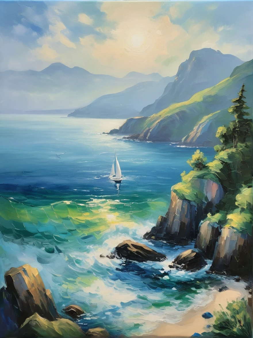 创作一幅宁静的油画，以蓝色和绿色的色调描绘出宁静的场景. 风景包括宁静的海景，点缀着锯齿状的, 岩石峭壁. 这幅画的真正奇观出现在水中——一头雄伟的鲸鱼优雅而宁静地游动着. 绘画风格巧妙地让人联想到 1912 年之前的克劳德·莫奈, 柔和的笔触完美地捕捉了宁静的本质. 这看起来像是一件可以作为艺术画廊展示的杰作.