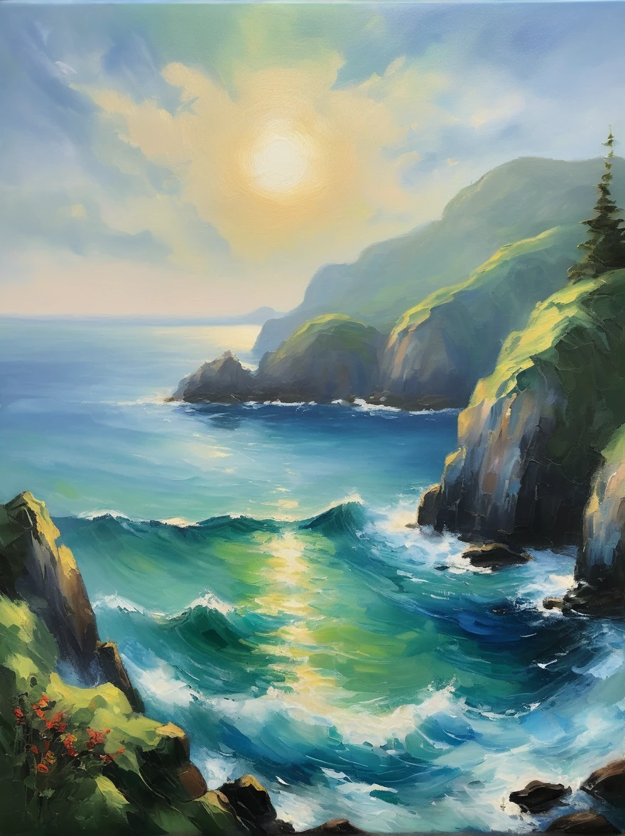 Create a serene oil painting that captures a peaceful scene washed in shades of blue and green. The scenery includes a tranquil ocean view dotted with jagged, rocky cliffs. The true spectacle of the image emerges from the water - a majestic whale swimming with grace and serenity. The painting style is subtly reminiscent of Claude Monet who worked prior to 1912, featuring soft brushstrokes that beautifully capture the essence of tranquility. It seems like a work that could be displayed as a masterpiece in an art gallery.