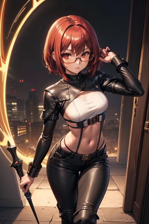 8K UHD, Digital SLR, Soft lighting, High quality, ((best quality)) ((best quality)), ((masterpiece)), (detailed), 4k image, anime style, fair caramel brown skin, beautiful teenage anime girl, bloody red eyes, sleek bright red hair, tight-fit black leather jeans and pants, white shirt, form-fitting leather battle armor, fair caramel brown skin, symmetrical face, plump lips, thin circular frame transparent nerdy glasses, African looks, small breasts, toned thin slender body, small narrow waist, short height, waist length pixie cut hair, hips, phoenix eyes, small nose, European style gothic fantasy style clothing, white color sheer hold up stockings, low-top boots, fair caramel brown skin