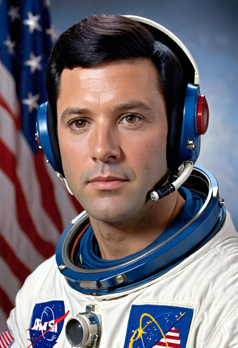 create a realistic-style image with high-quality graphics of a half-body astronaut. They are wearing astronaut clothing in the style of the 1960s, depicting a white man with black hair and brown eyes in his thirties. The image should have a realistic 1960s aesthetic, with the uniform predominantly white with blue and red details. On the left shoulder, there is an American flag patch. The astronaut wears a helmet, with improved quality resembling a real photograph, enhanced focus, and details. The style should be realistic, in 4K resolution, reminiscent of the 1960s.