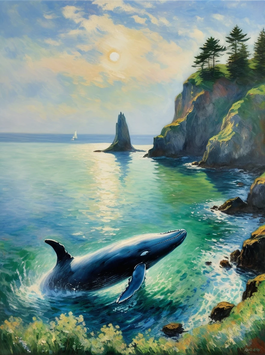(克劳德·莫奈风格:1.3)，以藍色和綠色色調捕捉寧靜的場景，風景包括寧靜的海景，點綴著鋸齒狀的岩石懸崖，(一頭雄偉的鯨魚從水中浮出, 優雅而寧靜地游泳:1.5)，這種風格巧妙地讓人想起 1912 年之前的克勞德莫內 (Claude Monet)，柔和的筆觸完美捕捉寧靜的本質，看起來就像是一件可以在博物館裡展示的傑作.。