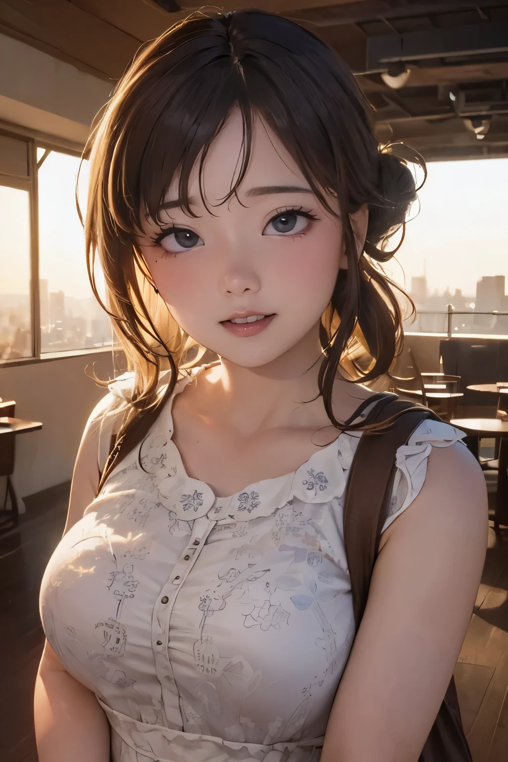 high-definition image, (((round face))), eyes realistic sizing, realistic skin, drooping eyes, smiling, ((various patterned feminine casual long dress)), (strong sunlight, old fashion), skyscrapers, hair up, 