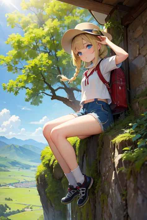 masterpiece, highest quality, high resolution, 13-year-old girl、blue eyes、
blonde、braiding、climbing style、clothes with lots of p...