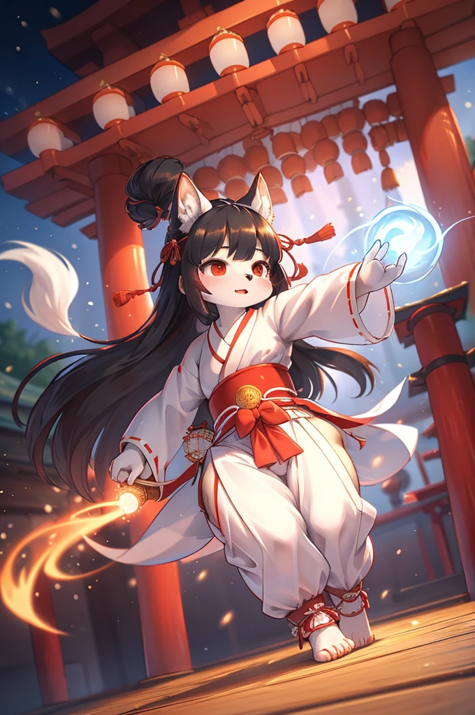 (Bokeh) , dynamic angle , 1 hairy inari girl  , Short stature , realistic hairy fur , Straight black Long Hair , Round face, swollen cheeks,round eyes , neat hair ties , Japanese Shrine Maiden Clothing , (dynamic Noh dance action:1.3) , in the Inari Shrine , Sacred offerin  , (Fly around Will-o'-the-wisp) , midnight