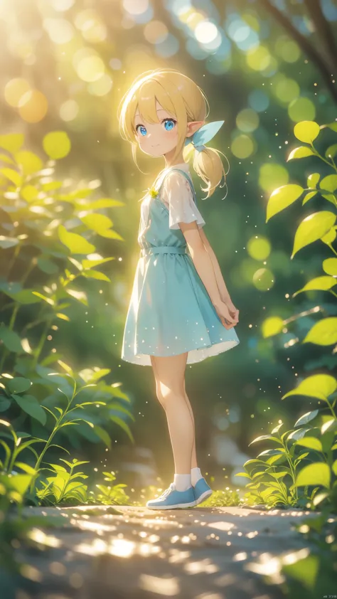 from side, atmospheric perspective, depth of field, cinematic lighting, sparkle, f/2.8, 135mm, UHD, retina, high details, high quality, highres, best quality, 4K、In a fantastic forest、Elf girl standing alone、Blonde、Blue Eyes、A fantastic outfit based on whi...
