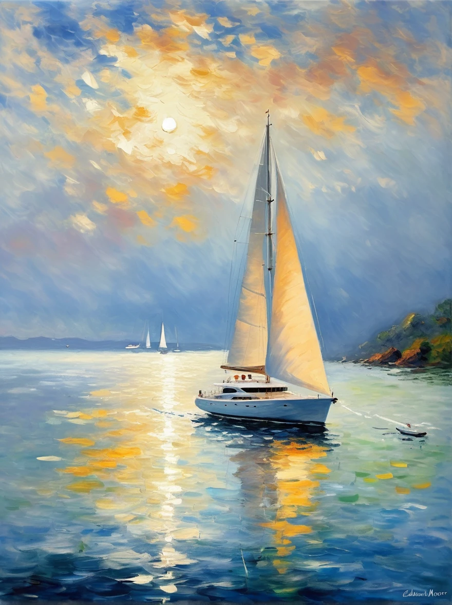 (Claude Monet Style:1.3)，Impressionist artist captures stunning scene of luxury yacht on tranquil ocean。This luxurious sailboat has a pure white hull，Anchored on a calm sea under a cloudy sky，Utilizes techniques associated with Impressionism，For example, visible brush strokes，Open composition，And emphasize the accurate depiction of the changing quality of light。