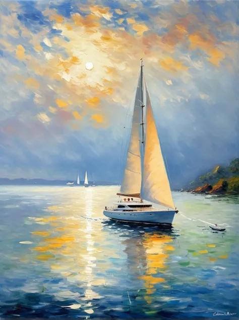 (Claude Monet Style:1.3)，Impressionist artist captures stunning scene of luxury yacht on tranquil ocean。This luxurious sailboat ...
