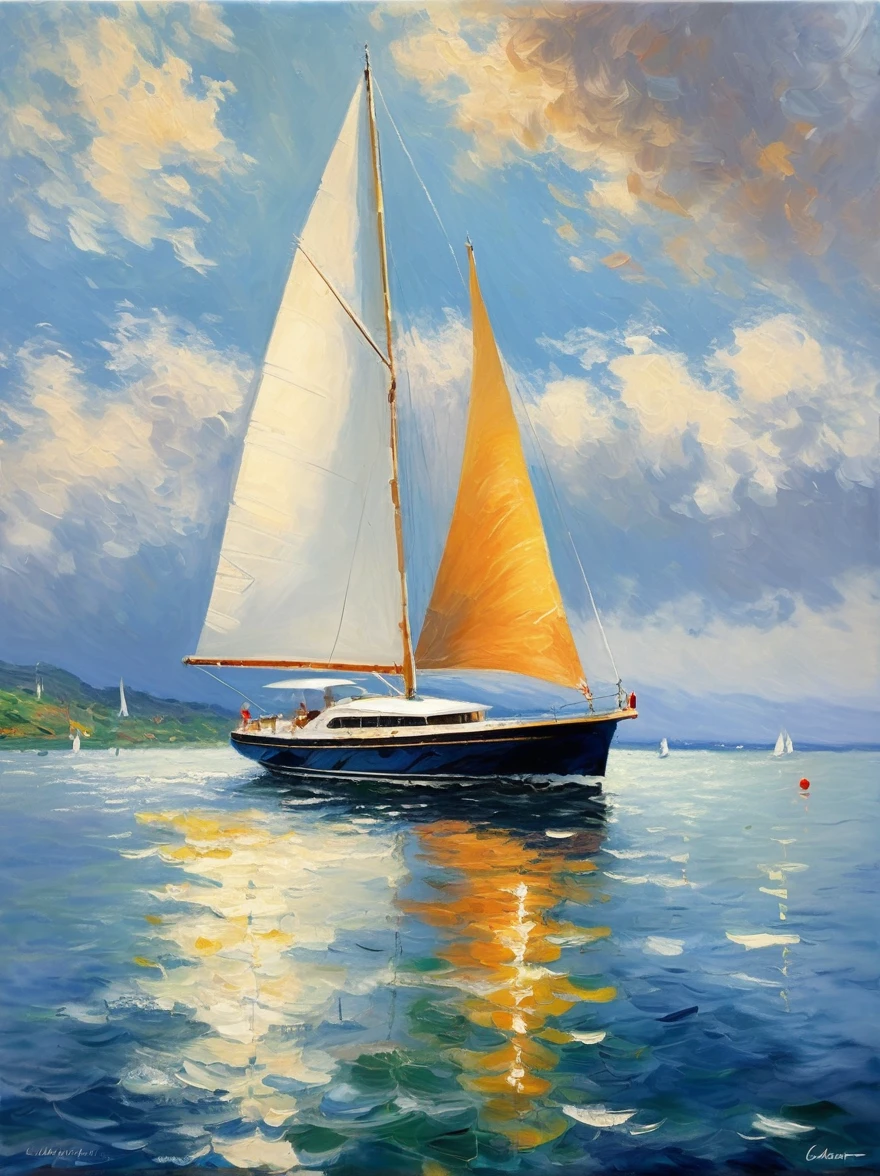 (style claude monet:1.3)，Un artiste impressionniste capture une scène époustouflante d&#39;un yacht de luxe sur un océan tranquille。Ce voilier luxueux a une coque d&#39;un blanc pur，Ancré sur une mer calme sous un ciel nuageux，Utilise des techniques associées à l&#39;impressionnisme，Par exemple, coups de pinceau visibles，Composition ouverte，Et soulignez la représentation précise de la qualité changeante de la lumière。