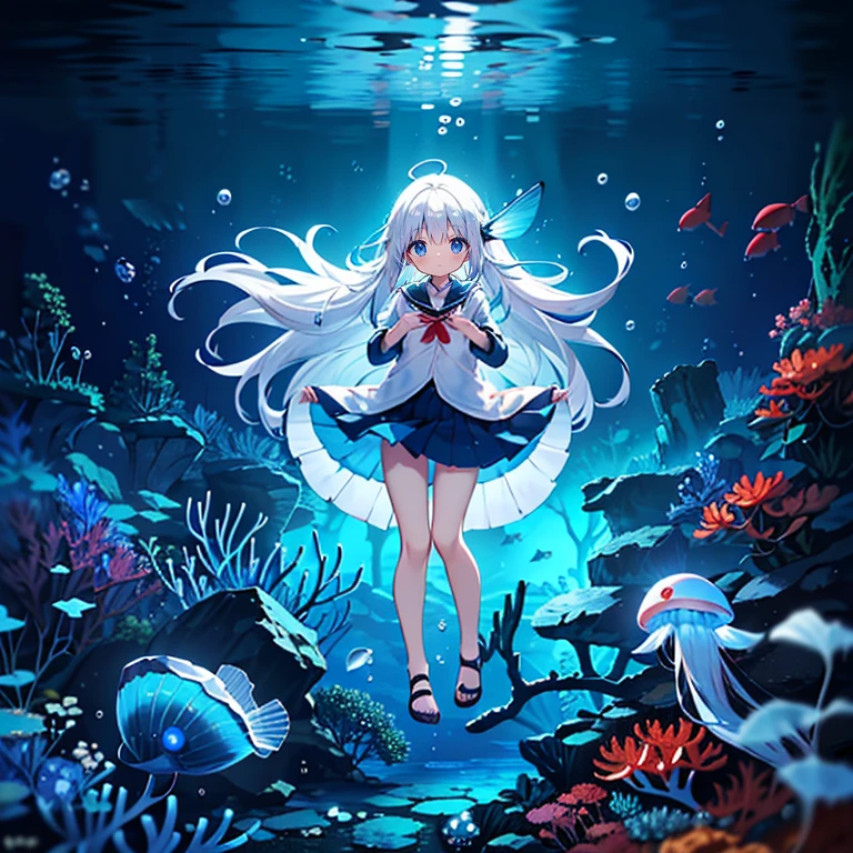 (Peace Fly), (highest quality), Very detailed, 1 girl, Personal full-body photo, Perfect Face, beautiful girl, Very detailed顔，(Long white hair:1.5)，(blue eyes:1.4)，(Flowing Hair:1.4)，(Underwater:1.4)，sink，school fishy，Light，jellyfish，Seaweed，Redfish，fishy，deep sea，Fantasy