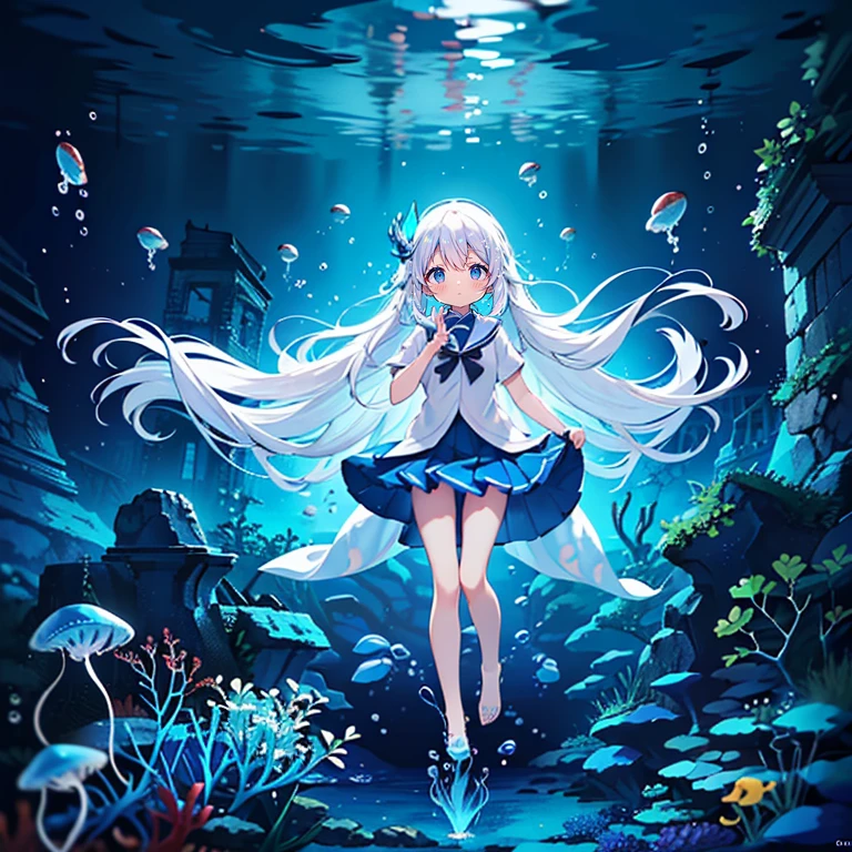 (Peace Fly), (highest quality), Very detailed, 1 girl, Personal full-body photo, Perfect Face, beautiful girl, Very detailed顔，(Long white hair:1.5)，(blue eyes:1.4)，(Flowing Hair:1.4)，(Underwater:1.4)，sink，school fishy，Light，jellyfish，Seaweed，Redfish，fishy，deep sea，Fantasy