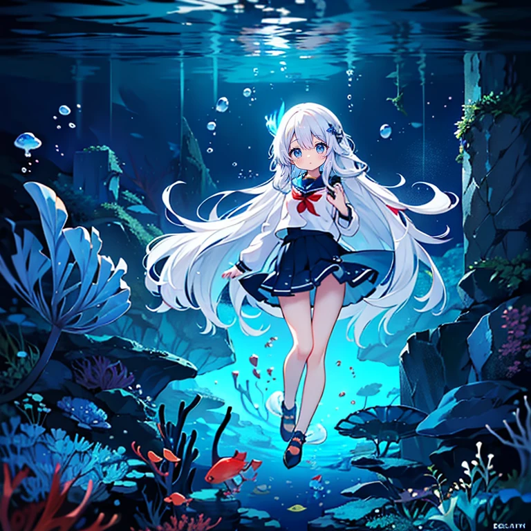 (Peace Fly), (highest quality), Very detailed, 1 girl, Personal full-body photo, Perfect Face, beautiful girl, Very detailed顔，(Long white hair:1.5)，(blue eyes:1.4)，(Flowing Hair:1.4)，(Underwater:1.4)，sink，school fishy，Light，jellyfish，Seaweed，Redfish，fishy，deep sea，Fantasy