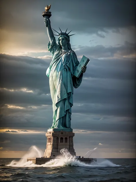 (lady-liberty), The Liberty Statue in pieces outdoor in the sea. The statue has fallen and lies in pieces. The head emerges from...