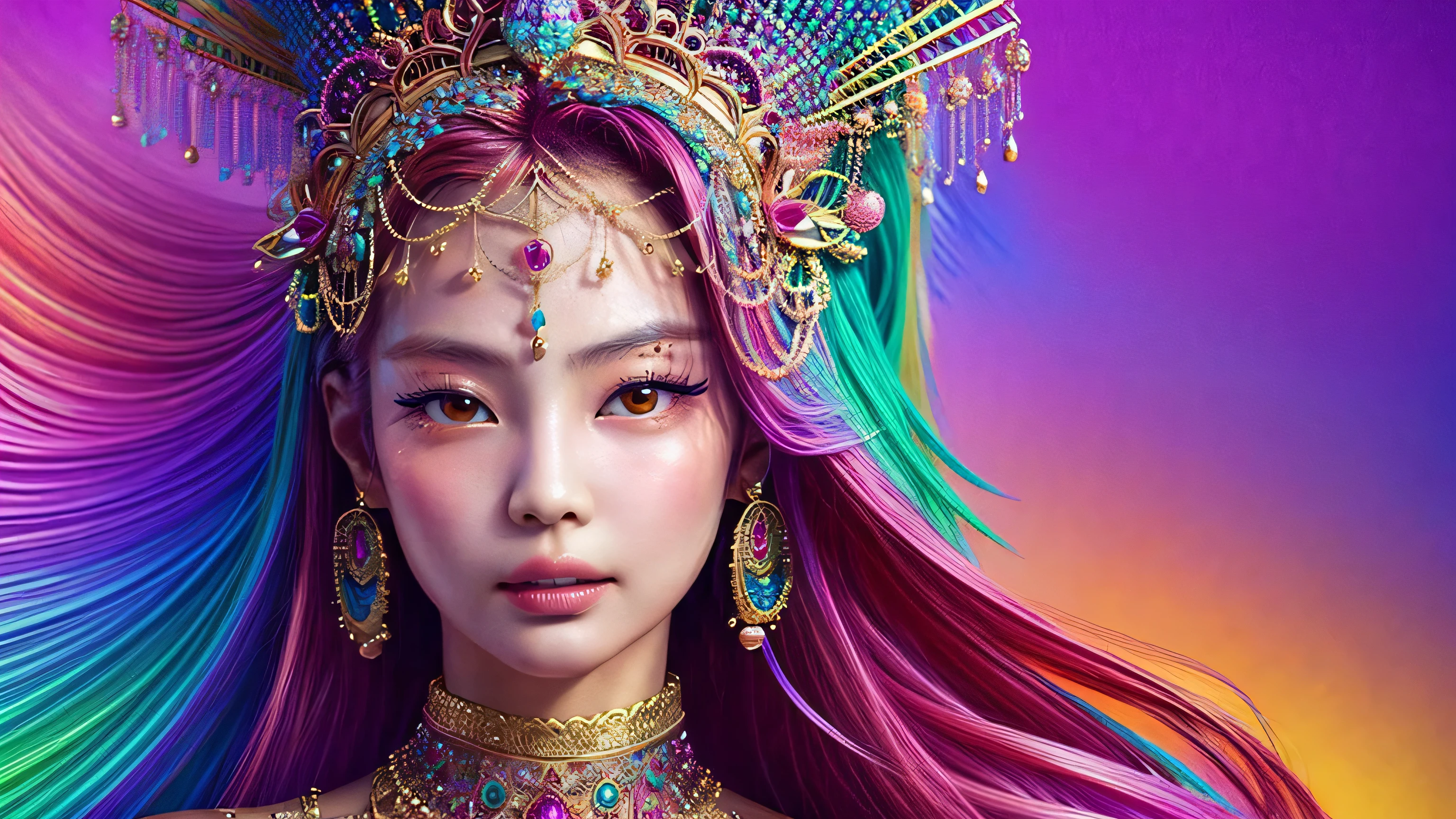 Close-up of a woman wearing a colorful headdress and makeup., colorfull digital fantasy art, exquisite digital illustration, psychedelic goddesses, Spectacular digital art, Highly detailed digital art, fantasy art behance, 3 d goddesses portrait, goddesses. very high details, beautiful digital artwork, (Realistic face details), intricate detailed, very high details, photo-hyper-realistic, 8k, UHD, hyperdetailed,