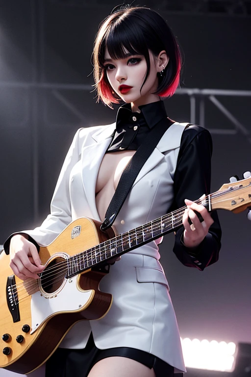  (Mädchen) im Musikkonzert , Mädchen hold guitar standing front of stage, weiße Jacke (font anime Mädchen) , schwarzer langer Rock, Wilder Rebellen-Haarschnitt, kurze rote Haare, dunkel red lips, dunkel heavy eyeshadow, Piercings, Lippenringe, Ohrringe, Augenbrauenringe, Brustwarzenringe, Gothic, dungeon, dunkel, gedimmtes Licht , dunkel erotic fantasy , Nicht für die Arbeit geeignet