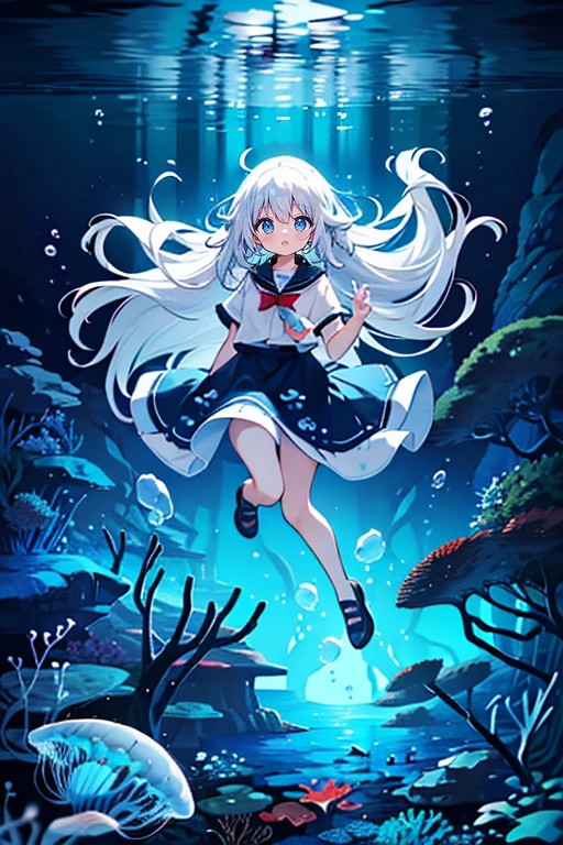 (Peace Fly), (highest quality), Very detailed, 1 girl, Personal full-body photo, Perfect Face, beautiful girl, Very detailed顔，(Long white hair:1.5)，(blue eyes:1.4)，(Flowing Hair:1.4)，(Underwater:1.4)，sink，school fishy，Light，jellyfish，Seaweed，Redfish，fishy，deep sea，Fantasy