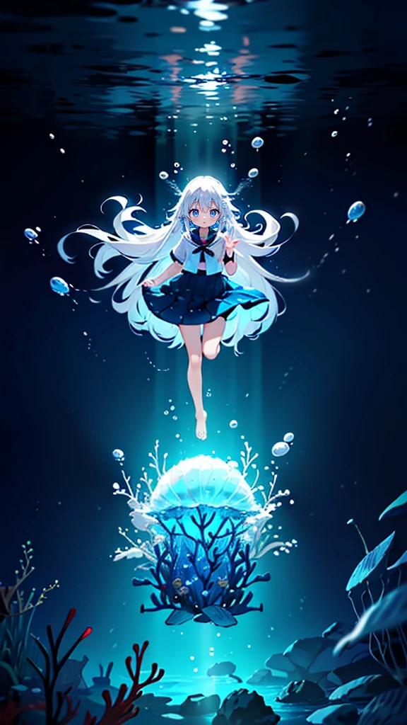 (Peace Fly), (highest quality), Very detailed, 1 girl, Personal full-body photo, Perfect Face, beautiful girl, Very detailed顔，(Long white hair:1.5)，(blue eyes:1.4)，(Flowing Hair:1.4)，(Underwater:1.4)，sink，school fishy，Light，jellyfish，Seaweed，Redfish，fishy，deep sea，Fantasy