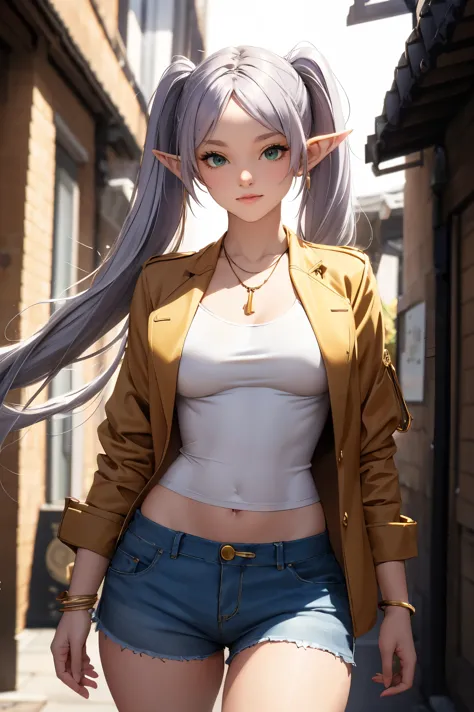 (masterpiece), best quality, expressive eyes, perfect face, 1 female, long hair, twintails, (green eyes), grey hair, pointy ears...