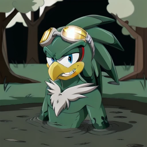 jetthehawk, furry male anthro, bird boy, portrait, solo, (best quality), (detailed fluffy feathers:1.1), goggles, muscular, grin, partially submerged, forest, mud, brown mud, 3D Render