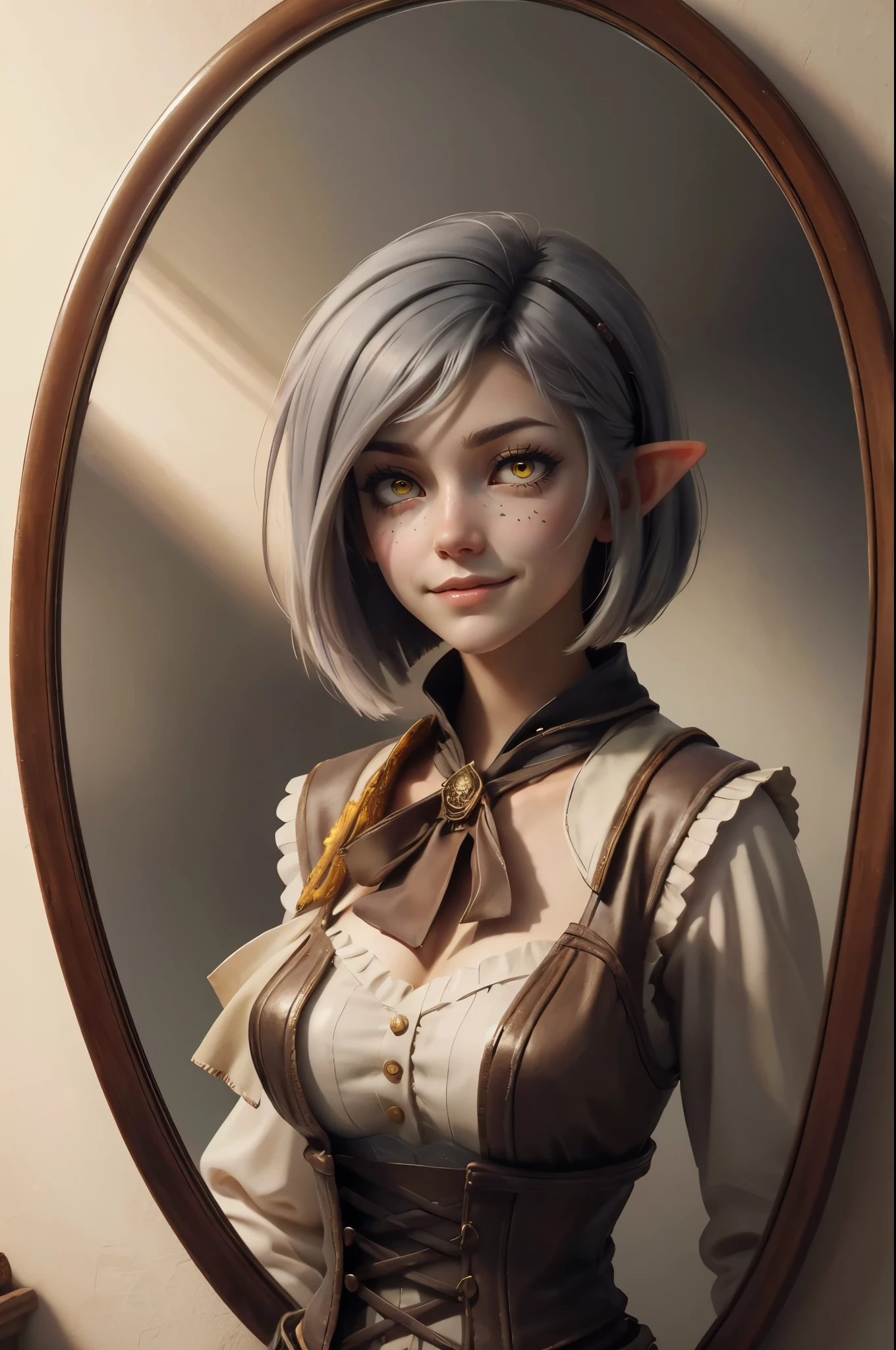 Illustrate a widescreen image of a female elf with yellow eyes and grey hair in a long bob cut, looking cheerful as she gazes into a mirror. In the mirror, her reflection shows a sad face, creating a stark contrast between her outward joy and inner sorrow. She is dressed in her adventurer outfit, including a beige blouse and corset vest, within an intimate setting of her quarters. The scene should be rich in lighting and shadow effects to create a dramatic atmosphere, rendered in a detailed digital painting style reminiscent of fantasy art illustrations. The art should evoke the styles of highly detailed digital artists known for their intricate work, emphasizing the emotional disparity and the complex theme of hidden despair behind a mask of joy.