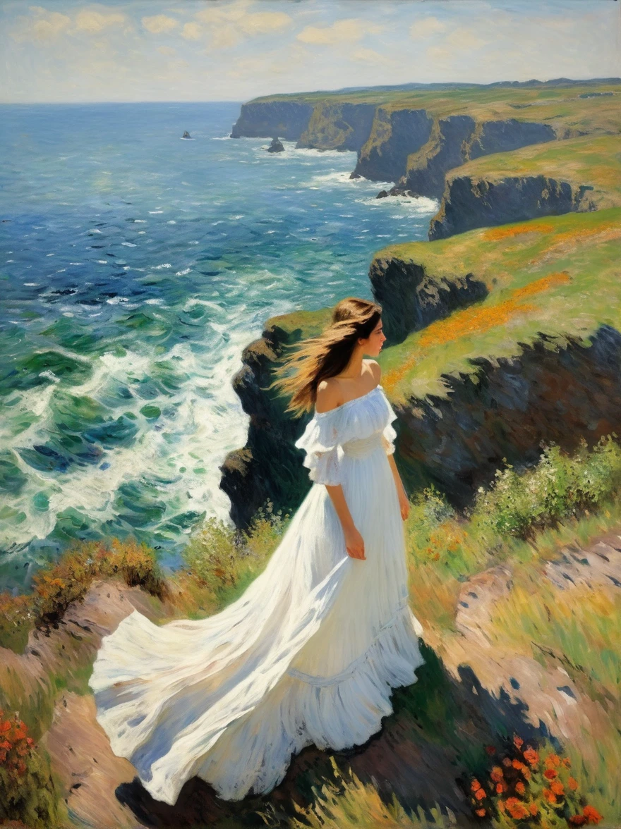 (Claude Monet Style:1.3)，(A young Caucasian woman wearing a flowing white dress，Stand on the edge of a cliff，Her eyes were focused on the wild and rough sea below her.)，The wide-angle lens perspective captures the scale and raw power of the natural world that surrounds her