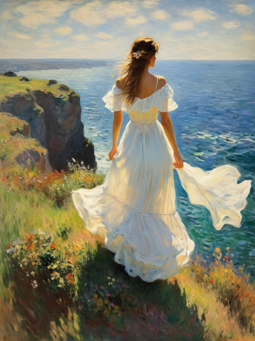 (克劳德·莫奈风格:1.3)，(一位身穿飘逸白色连衣裙的年轻白人女子，站在悬崖边，她的眼睛盯着下方狂野而汹涌的大海.)，广角镜头的视角捕捉到了她周围自然世界的规模和原始力量