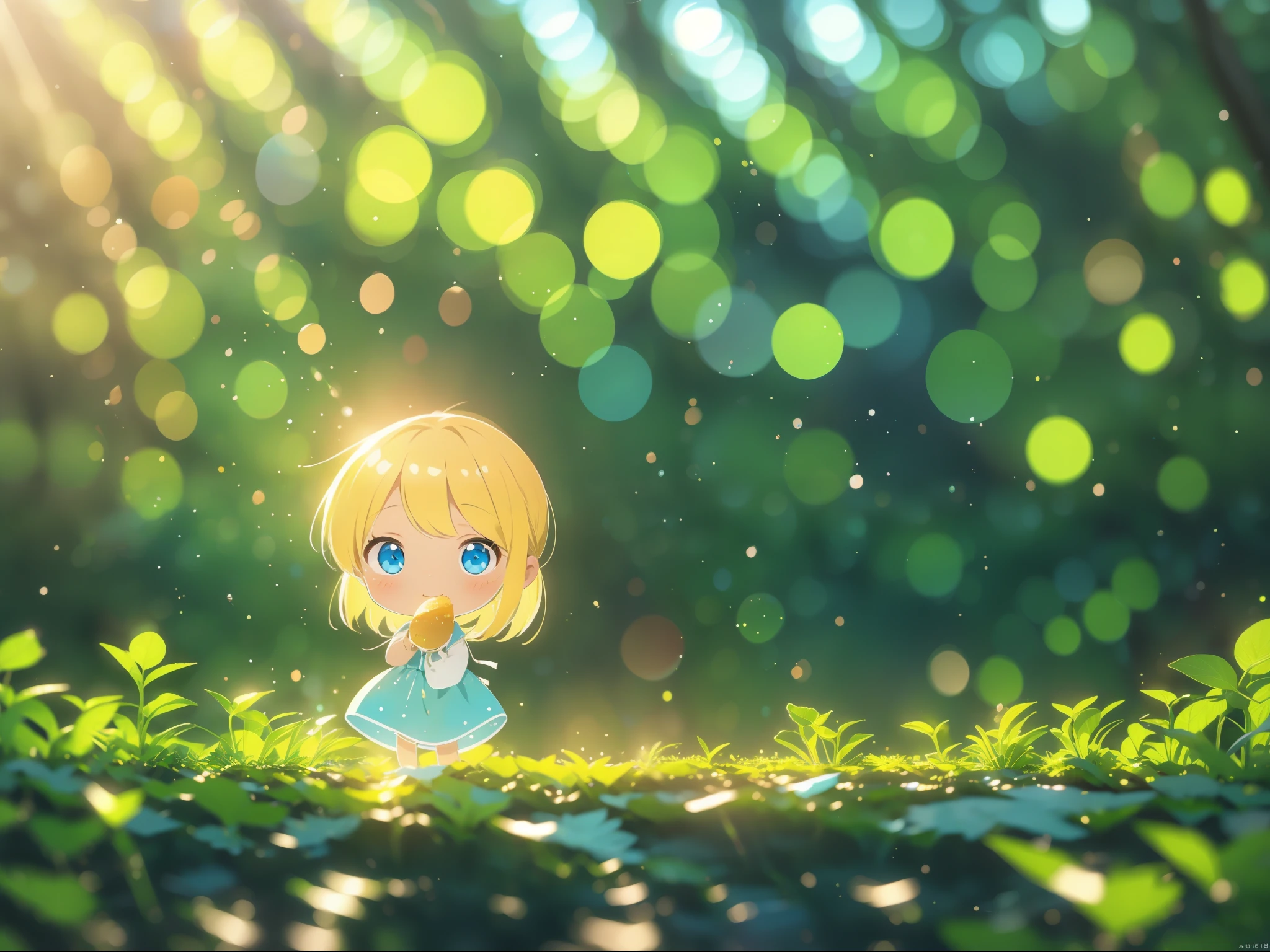 atmospheric perspective, depth of field, cinematic lighting, sparkle, f/2.8, 135mm, UHD, retina, high details, high quality, highres, best quality, 4K、In a fantastic forest、One fairy girl、Blonde、Blue Eyes、A fantastic outfit based on white、A fantastic atmosphere、One Girl、He is facing forward without noticing me,((Eating snacks for the camera))