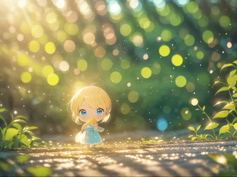atmospheric perspective, depth of field, cinematic lighting, sparkle, f/2.8, 135mm, UHD, retina, high details, high quality, highres, best quality, 4K、In a fantastic forest、One fairy girl、Blonde、Blue Eyes、A fantastic outfit based on white、A fantastic atmos...