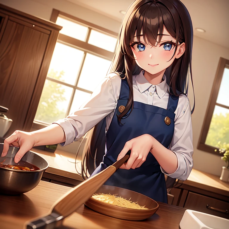 Masterpiece, best quality, 1girl, has long brown hair, blue eyes, beautiful eyes, wears pinafore, small breasts, cooking spagetti, in the kitchen, shy smile on her face, cozy home