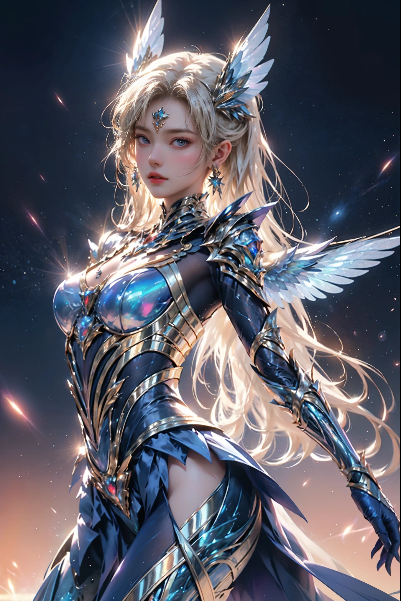 A stunning and otherworldly illustration of a female figure, adorned in intricate, metallic armor that radiates a mesmerizing luminescent blue glow. The patterns and designs of the armor appear to be inspired by organic forms, creating a unique and captivating aesthetic. Her wings, resembling those of a bird but with a futuristic twist, stretch out gracefully from her back. The background is a deep blue void, filled with floating particles or specks that evoke a cosmic or otherworldly atmosphere. The overall composition exudes a sense of otherworldly beauty and power.