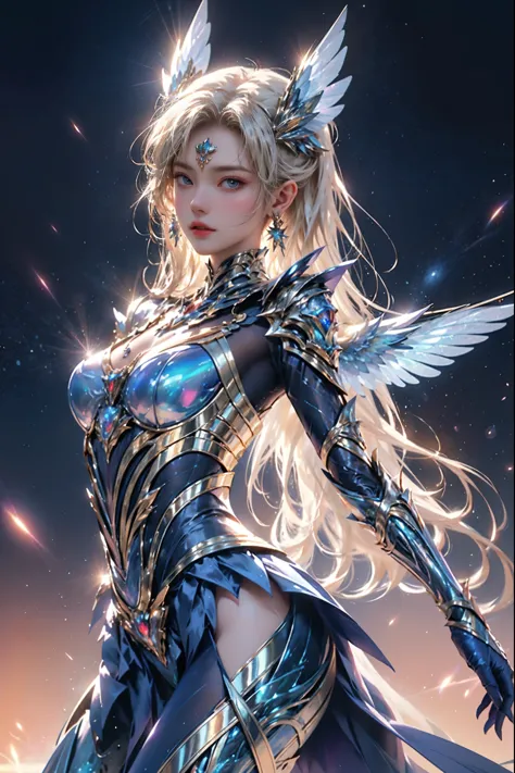 A stunning and otherworldly illustration of a female figure, adorned in intricate, metallic armor that radiates a mesmerizing lu...