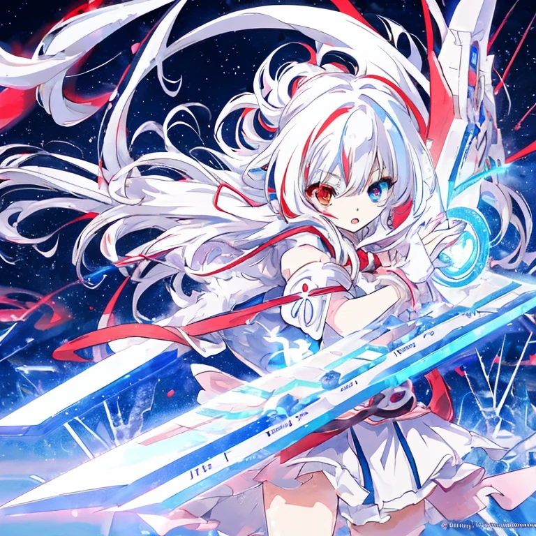 anime girl with long white hair holding a ice sword, ice magic circle, best anime 4k konachan wallpaper, white haired deity, zerochan art, anime art wallpaper 8 k, anime style 4 k, ufotable art style, detailed key anime art, anime art wallpaper 4 k, anime art wallpaper 4k, ryuko matoi, white haired, anime wallaper, (((heterochromia, blue and red eyes)))