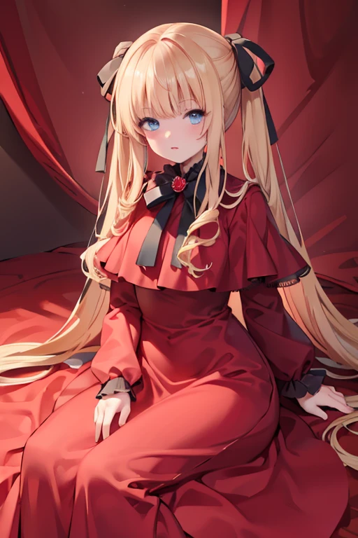 masterpiece, highest quality, High resolution, 1 8-year-old girl、blue eyes、
blonde、Long Straight Hair、Crimson Dress、Fantastic Background、original outfit