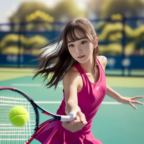 Photo-realistic quality、Playing tennis ２０Cute idol of the year、on a tennis court, a girl Playing tennis, White tennis wear, Slig...