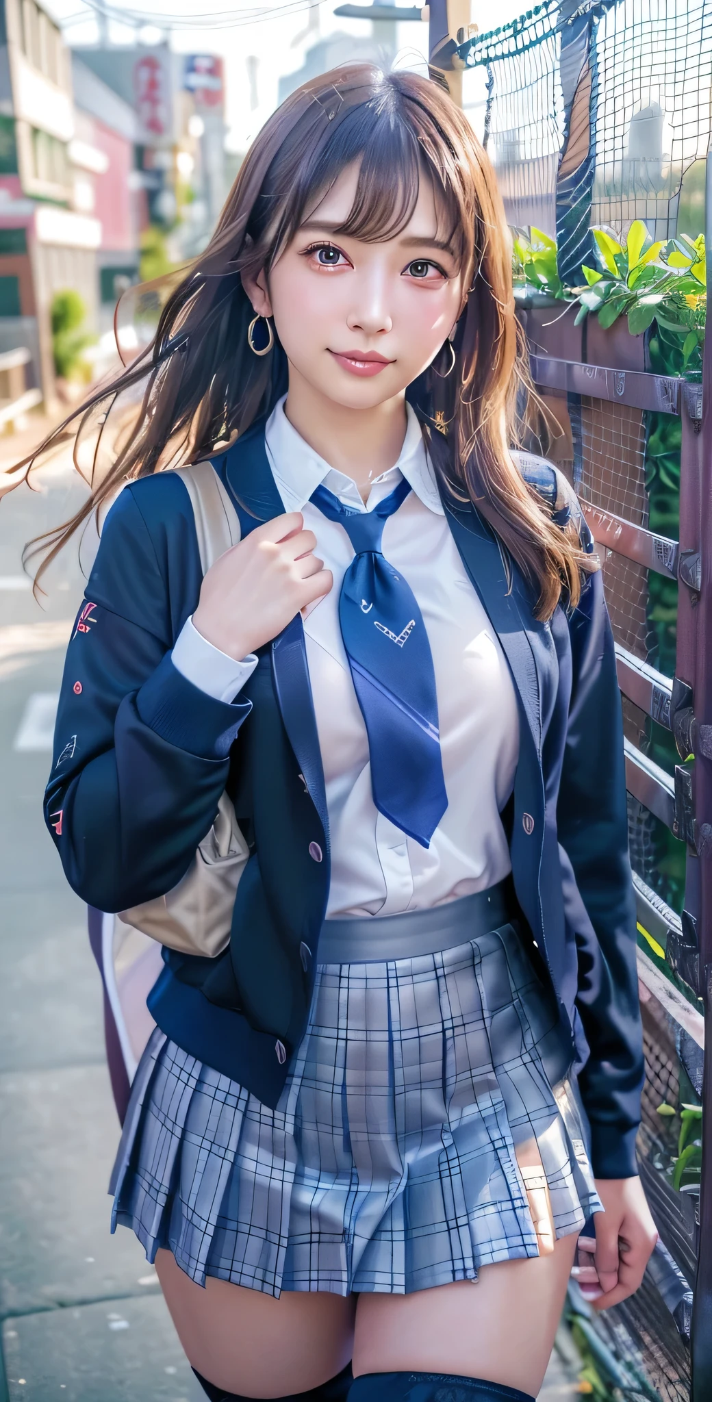 Mix 4, (16K, Raw photo, Best image quality, masterpiece: 1.45), (Realistic, Photorealistic: 1.37), One Girl, cute, Cityscape,, Professional Lighting, Photon Mapping, School classroom, Physically Based Rendering, Dark brown hair,Ponytail hairstyle, Beautiful, well-groomed eyes、((double eyelid))、Super cute girl, (((school uniform、blazer、Long-sleeved shirts worn by Japanese high school girls、Ribbon tie、Dark blue mini skirt,、Dark blue socks、Black Loafers))), Highest quality photos, High resolution, 1080p, (Clear Face), (Detailed face description), (Detailed hand description), (masterpiece), (Exquisite CGI)、Extreme light and shadow、Disheveled Hair、masterpiece、Rich details、(Beautiful Faces)、(Highest quality photoasseter muscle area)、(Detailed eyes)、Look in front of you、Thin clavicle、((Slim and large))、(((Japanese female students are wearing jackets and long-sleeved shirts)))、((Pure Idol))、((school gate、Schoolyard、School building in the background))、(Shot from random perspectives)、(((Anyway, cute)))、Earrings、Big smile、Drawing the whole body from the knees、No nasolabial folds、(((Sports bags used by Japanese female students)))、(Large saggy breasts:1.2)、Firm big ass、Two arms and two legs、(((from the front:0.7)))、bare hands、(((Symmetrical eyes)))、Standing pose、Place your hands on the desk、Please do not remove the tie from the jacket、Keep your butt up:1.5，Naked:1.5，cute smile、