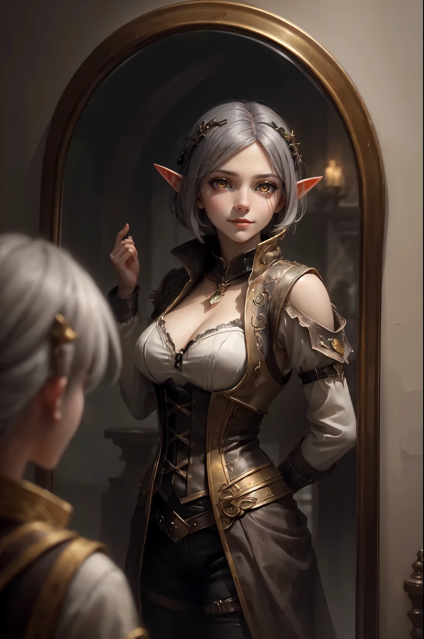 Illustrate a widescreen image of a female elf with yellow eyes and grey hair in a long bob cut, looking cheerful as she gazes into a mirror. In the mirror, her reflection shows a sad face, creating a stark contrast between her outward joy and inner sorrow. She is dressed in her adventurer outfit, including a beige blouse and corset vest, within an intimate setting of her quarters. The scene should be rich in lighting and shadow effects to create a dramatic atmosphere, rendered in a detailed digital painting style reminiscent of fantasy art illustrations. The art should evoke the styles of highly detailed digital artists known for their intricate work, emphasizing the emotional disparity and the complex theme of hidden despair behind a mask of joy.