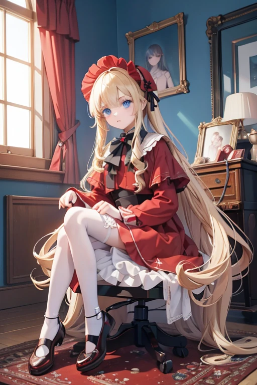 masterpiece, highest quality, High resolution, 1 8-year-old girl、blue eyes、
blonde、Straight long hair、Original Costume、bonnet, red dress,white pantyhosecup, black footwear 、Luxury bedroom、