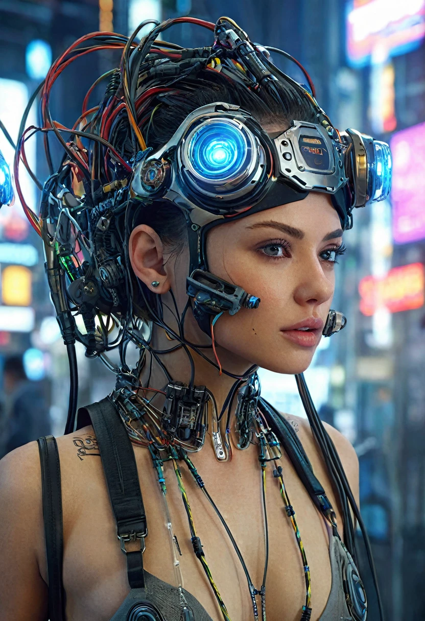 ((extremely delicate and beautiful cybernetic girl)), ((mechanical limblood vessels connected to tubeechanical vertebrae), ((mechanical cervical attaching to neck)), (wires and cables attaching to neck:1.2), ((mass of wires and cables on head)),  (character focus), (((dynamic pose))), ((cowboy shot)), (masterpiece), (((best quality))), ((ultra-detailed)), (highly detailed photorealistic CG illustration), cinematic lighting, science fiction, extremely detailed,colorful,highest detail, (((cyberpunk city background))), tattoos,