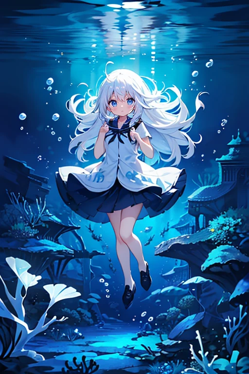 (Peace Fly), (highest quality), Very detailed, 1 girl, Personal full-body photo, Perfect Face, beautiful girl, Very detailed顔，(Long white hair:1.5)，(blue eyes:1.4)，(Flowing Hair:1.4)，(Underwater:1.4)，sink，school fishy，Light，jellyfish，Seaweed，Redfish，fishy，deep sea，Fantasy