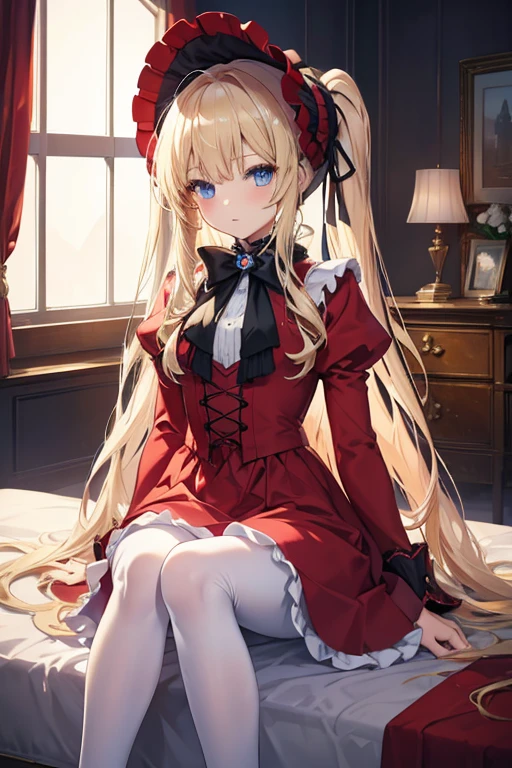 masterpiece, highest quality, High resolution, 1 8-year-old girl、blue eyes、
blonde、Straight Long Hair、Original costumes、bonnet, Red dress,White pantyhose cup, Luxury Bedroom、