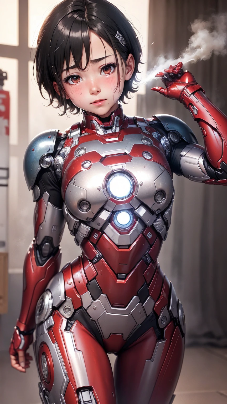 la plus haute qualité　Costume Iron Man 8k pour fille　fille de l&#39;école primaire　Visage en sueur　Mignon　Cheveux courts　de garçon　De la vapeur sort de la tête　Mes cheveux sont mouillés de sueur　cheveux noirs