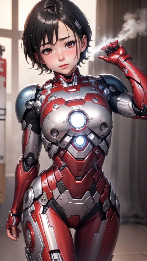 highest quality　8k iron man suit girl　elementary school girl　sweaty face　cute　short hair　boyish　steam coming out of the head　my ...